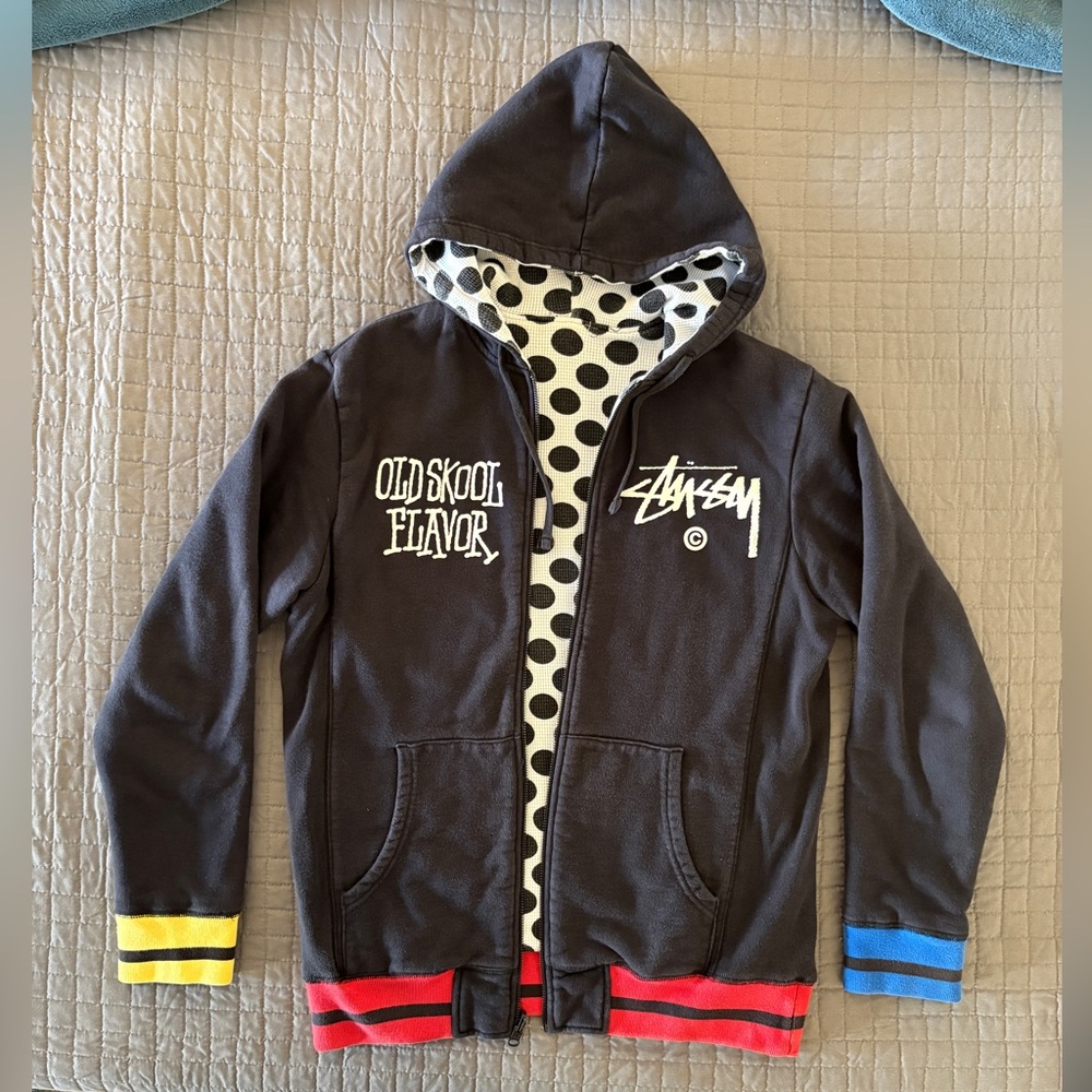 Stussy Black Reversible Full Zip Hoodie with Embroidered Logo Patch